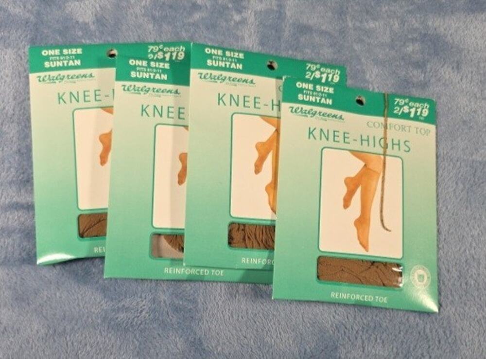Vintage 80's Walgreens Knee Highs Suntan One Size 8.5-11 Reinforced Toe Lot of 4